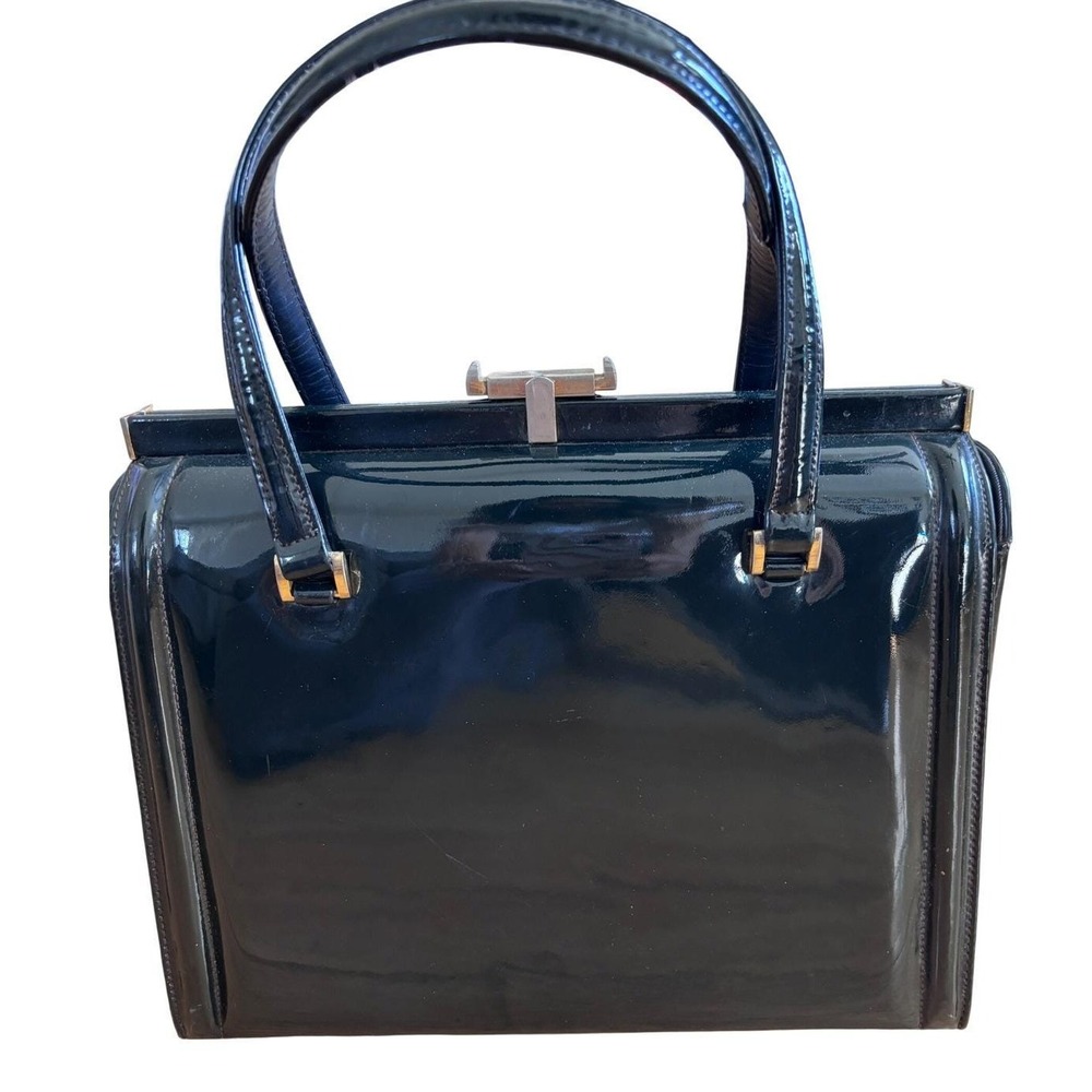 Vintage Saks Fifth Avenue Dark Green Patent Leather Structured  Handbag